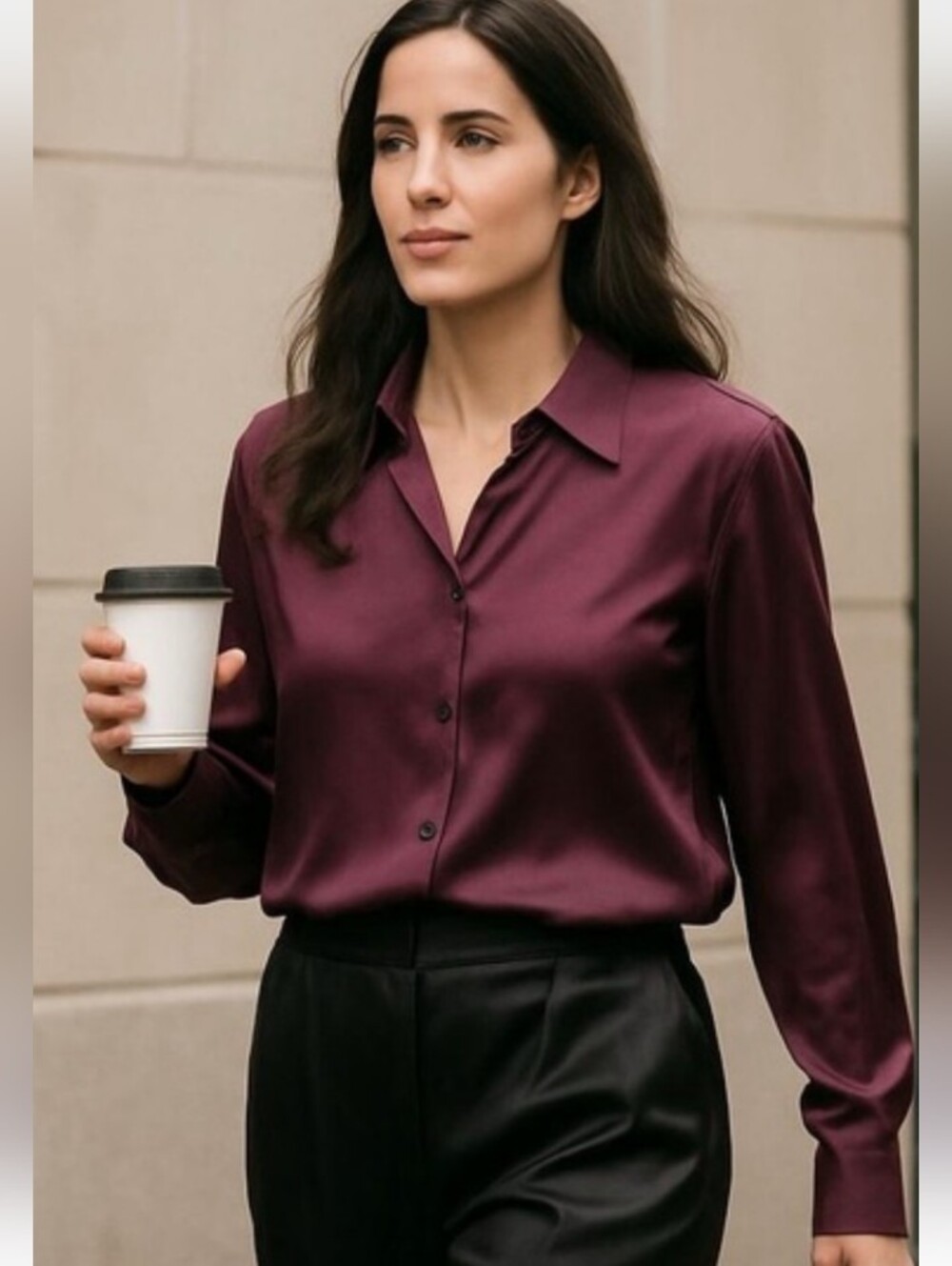 Women's Evan Picone Size 10 Silk Burgundy Collared Button Down Blouse Satin